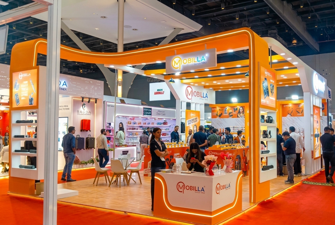 Mobilla exhibition stall design at a trade show — 3-side open booth with orange branding, product display zones, meeting area, and LED lighting
