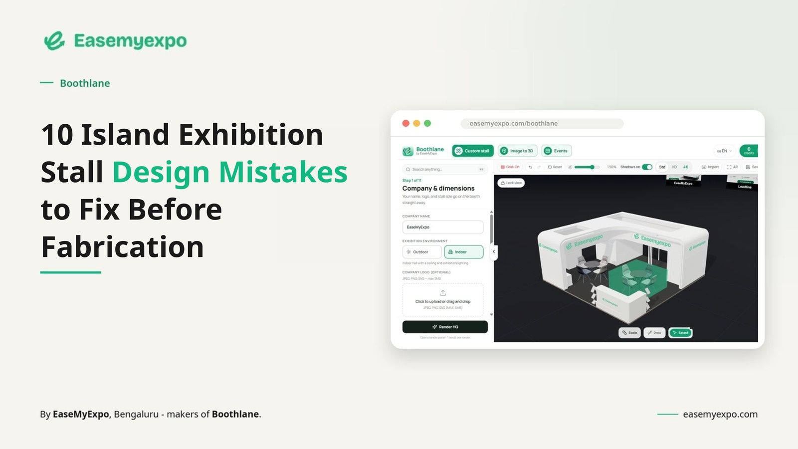 Featured image for the blog 10 Island Exhibition Stall Design Mistakes to Fix Before Fabrication, showing the Boothlane dashboard with a 3D island stall.