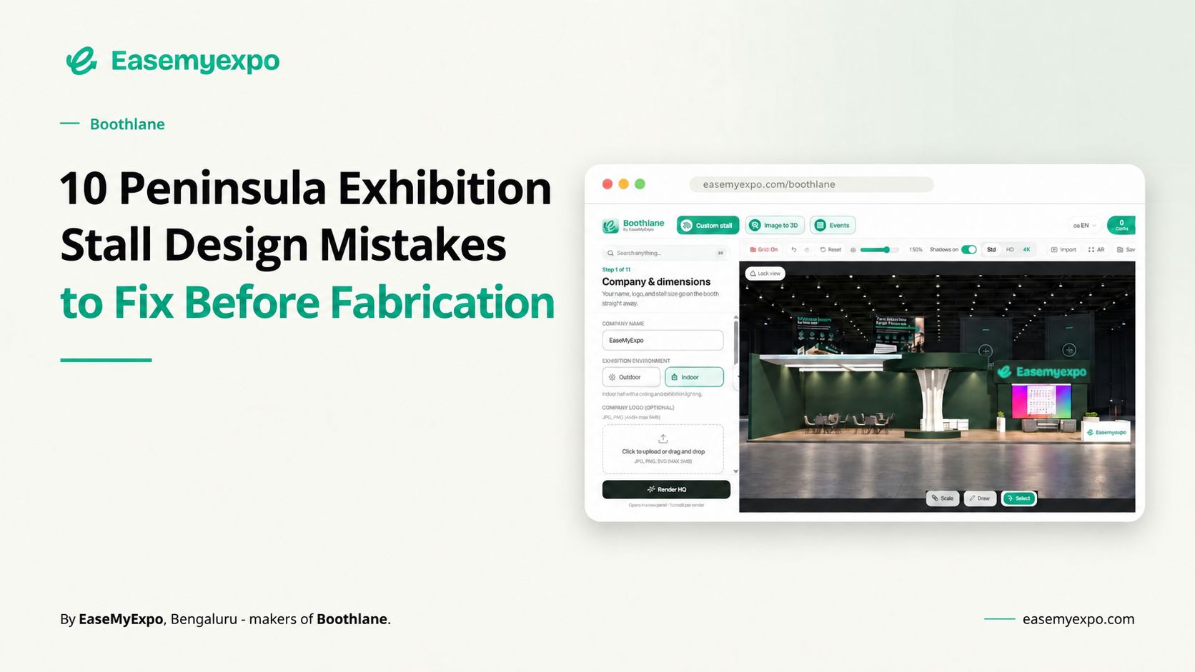 Boothlane blog featured image: 10 Peninsula Exhibition Stall Design Mistakes to Fix Before Fabrication, with Boothlane dashboard preview.