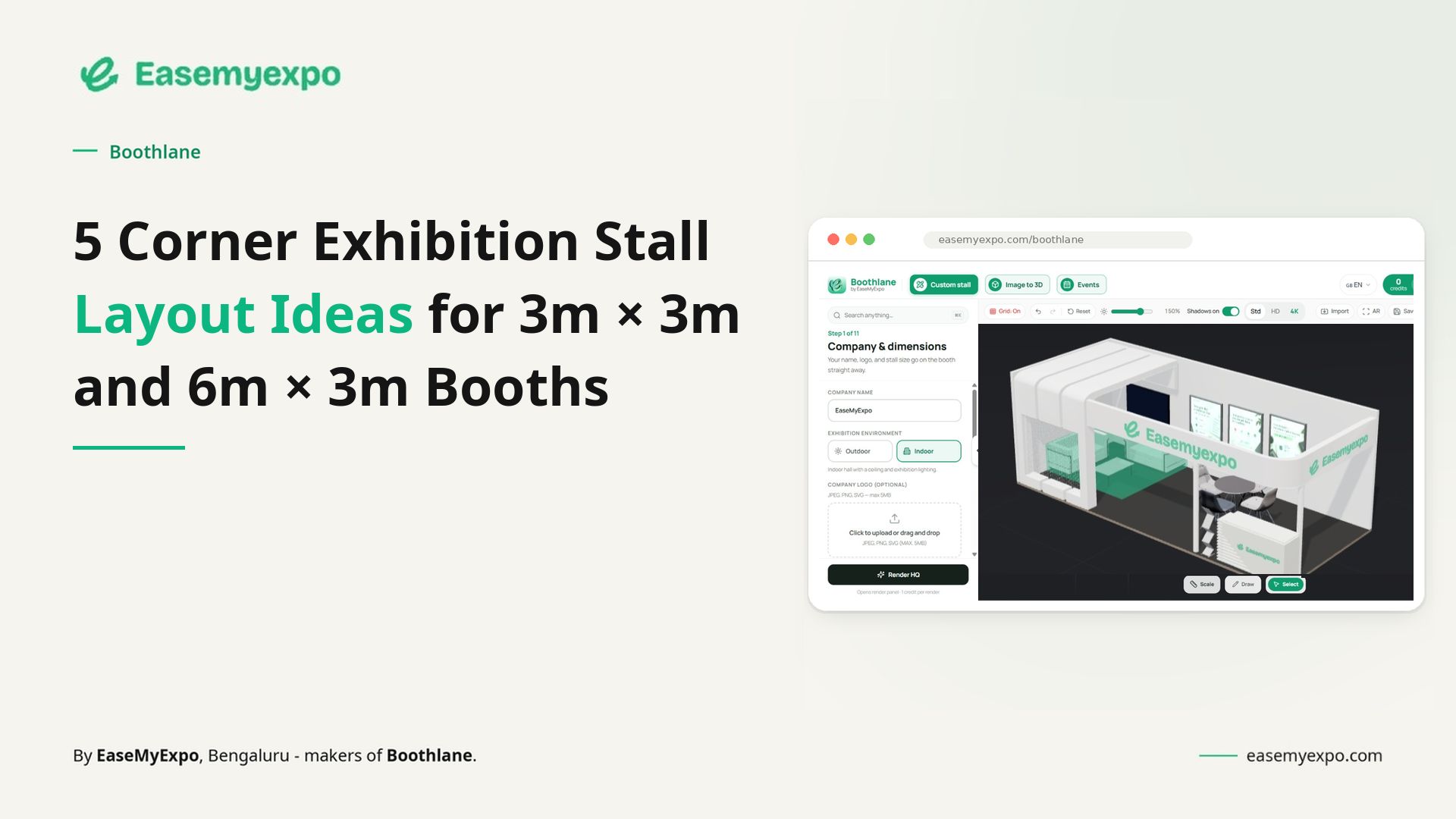 3D corner exhibition stall layout with two adjacent open sides, product displays, branding panels and visitor-friendly access designed using Boothlane. Copy
