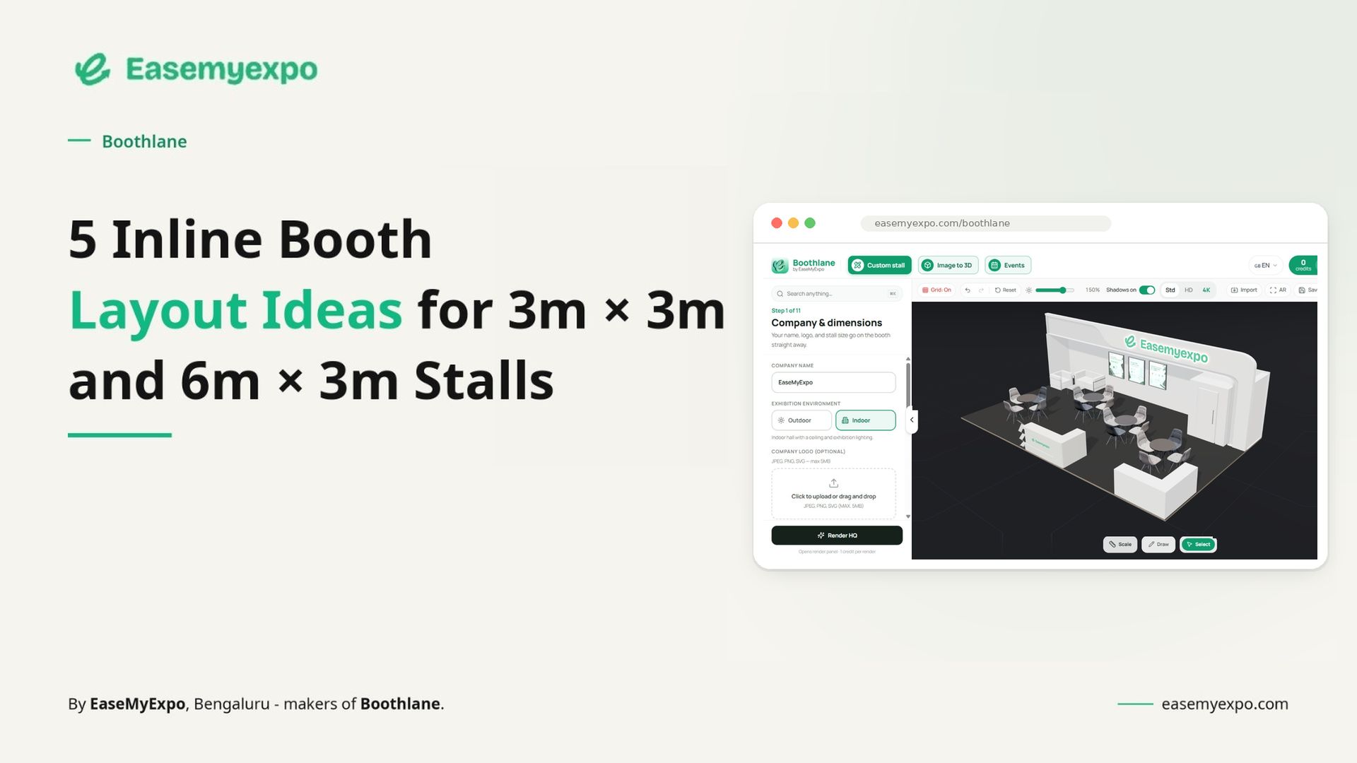 3D inline exhibition stall with one open aisle side, branded back wall, product display and visitor-friendly layout created using Boothlane by EaseMyExpo