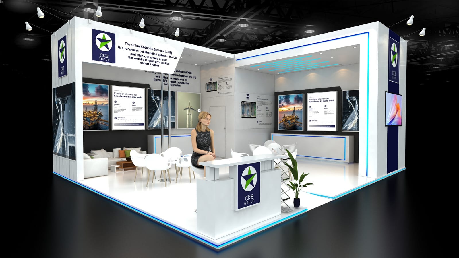 Photorealistic 3D exhibition stall render for CKB Group showing a corner booth with white MDF walls, LED accent lighting, reception counter, lounge seating, display panels, and branded fascia