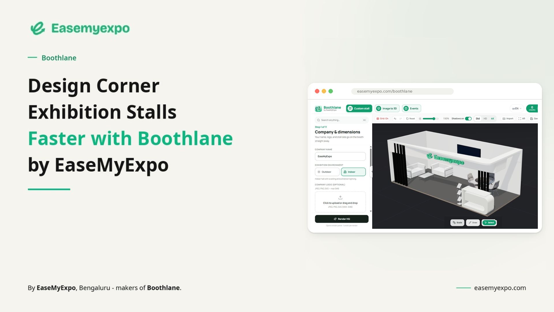 Featured image of a Boothlane interface mockup showing a corner exhibition stall with an L-shaped layout, two open sides and branded display elements.