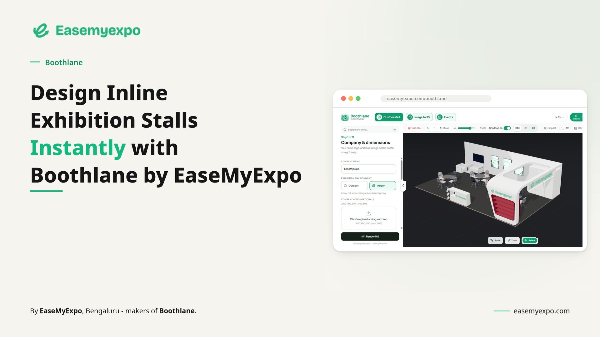 3D inline exhibition stall concept with one open front, branded rear panel, product display and side-positioned reception counter