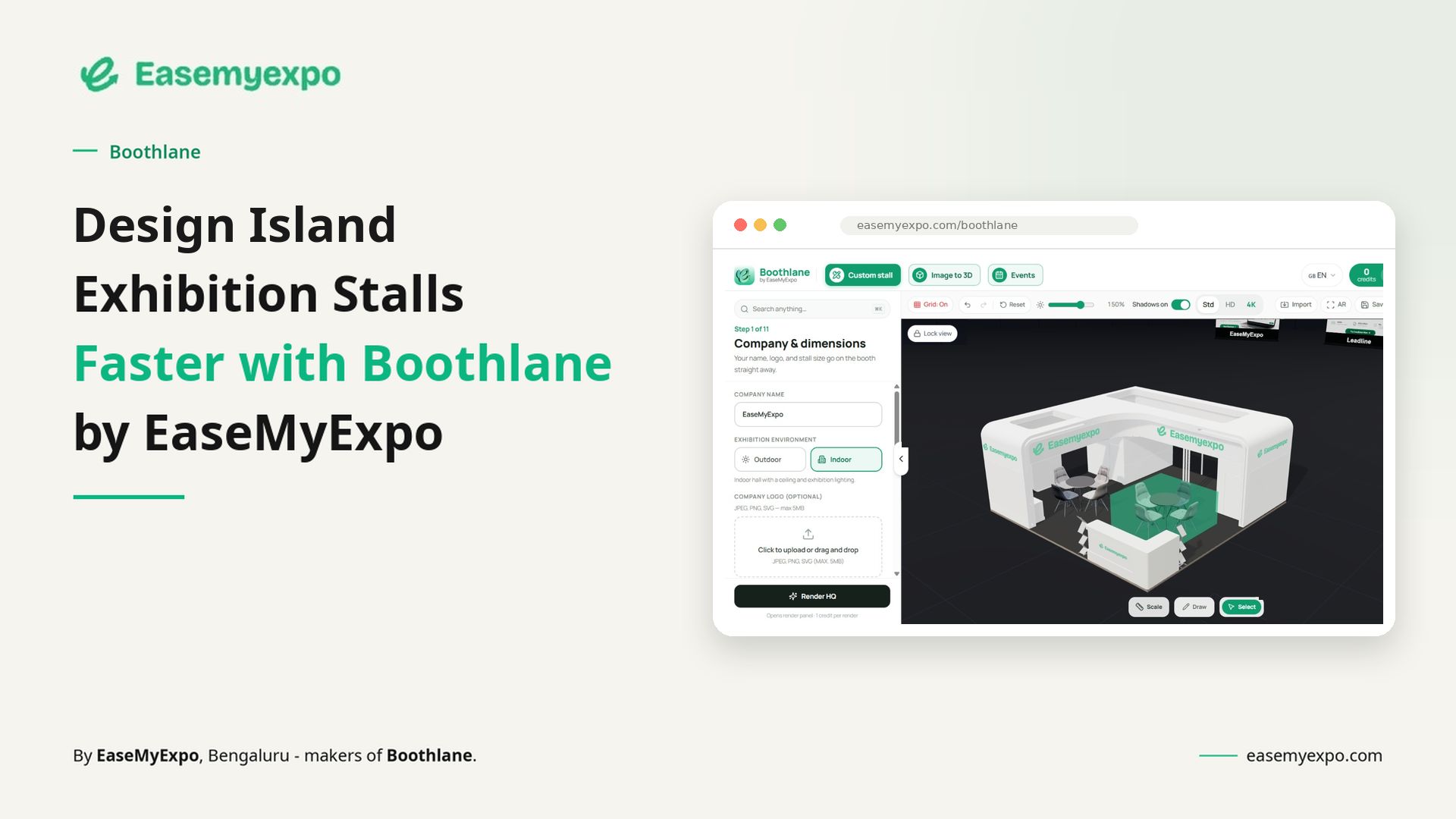 3D island exhibition stall design with four open sides, branded displays, product showcase and visitor space, visualized using Boothlane by EaseMyExpo. Copy
