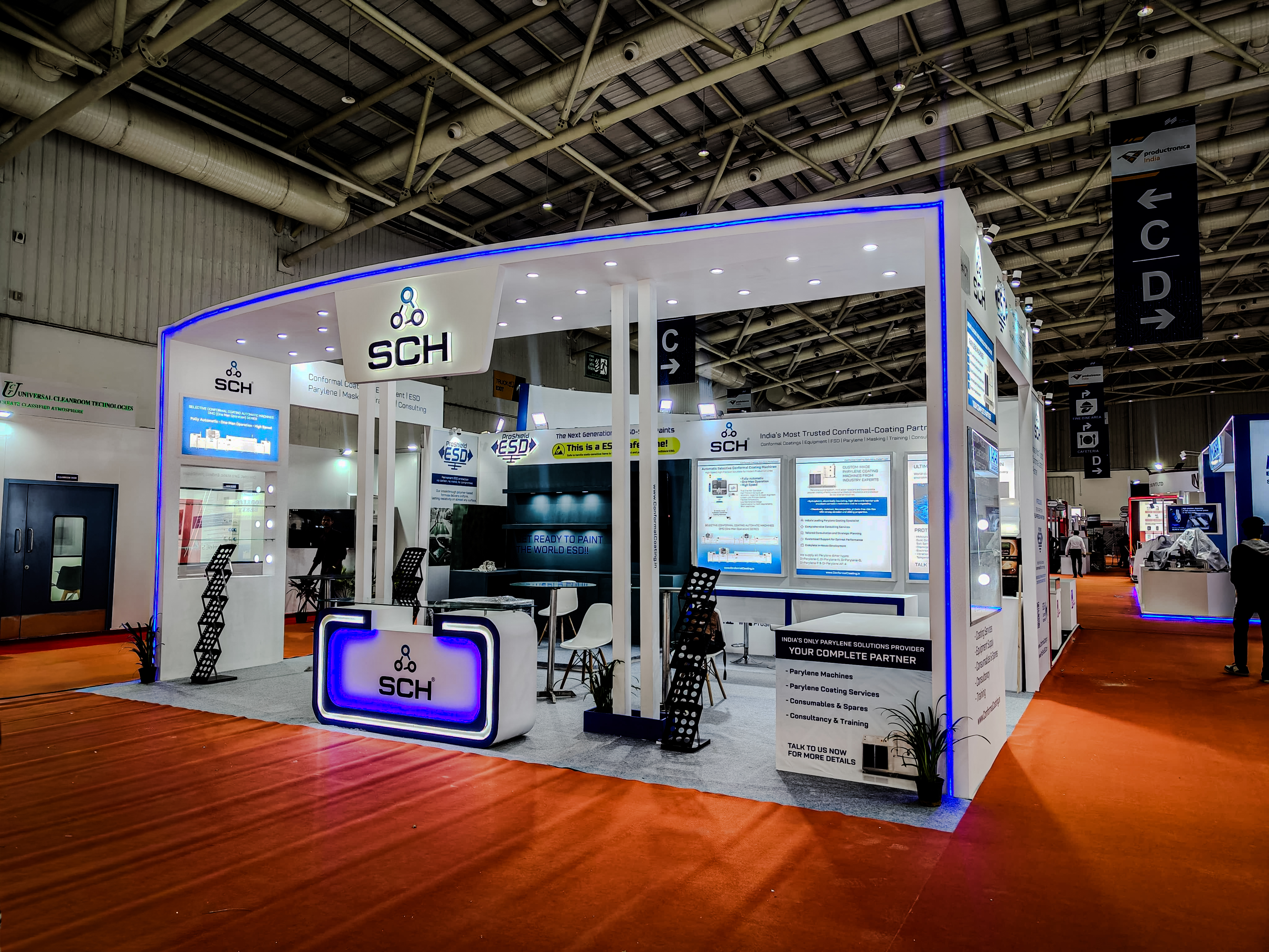 SCH exhibition stall design at Electronica India — illuminated custom booth by Easemyexpo