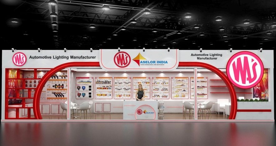 3D exhibition stall design for Aselor India, an automotive lighting manufacturer, featuring a red and white inline booth with product display panels, seating area, and branded arch elements