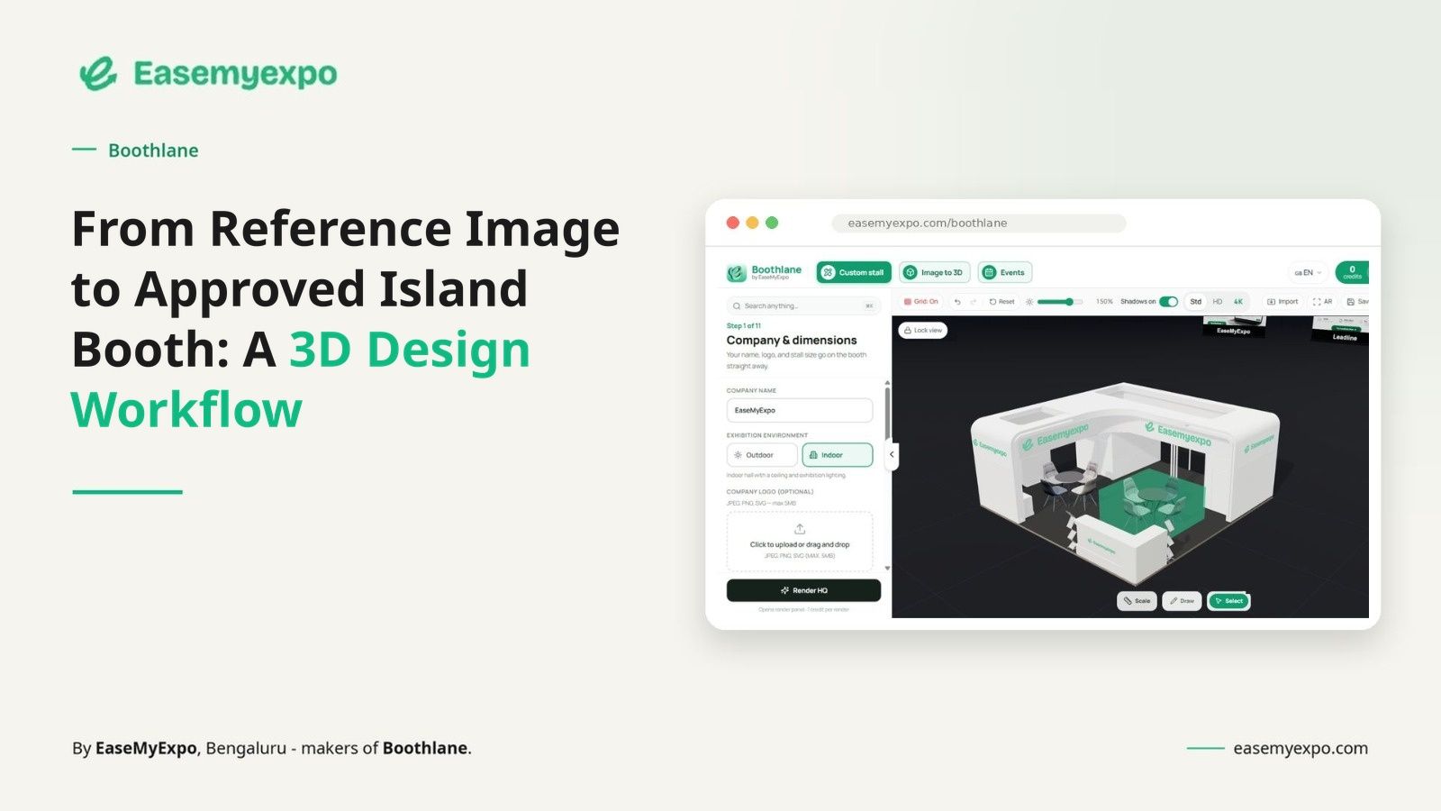 Featured image for the blog From Reference Image to Approved Island Booth: A 3D Design Workflow, showing the Boothlane dashboard with a 3D island stall.