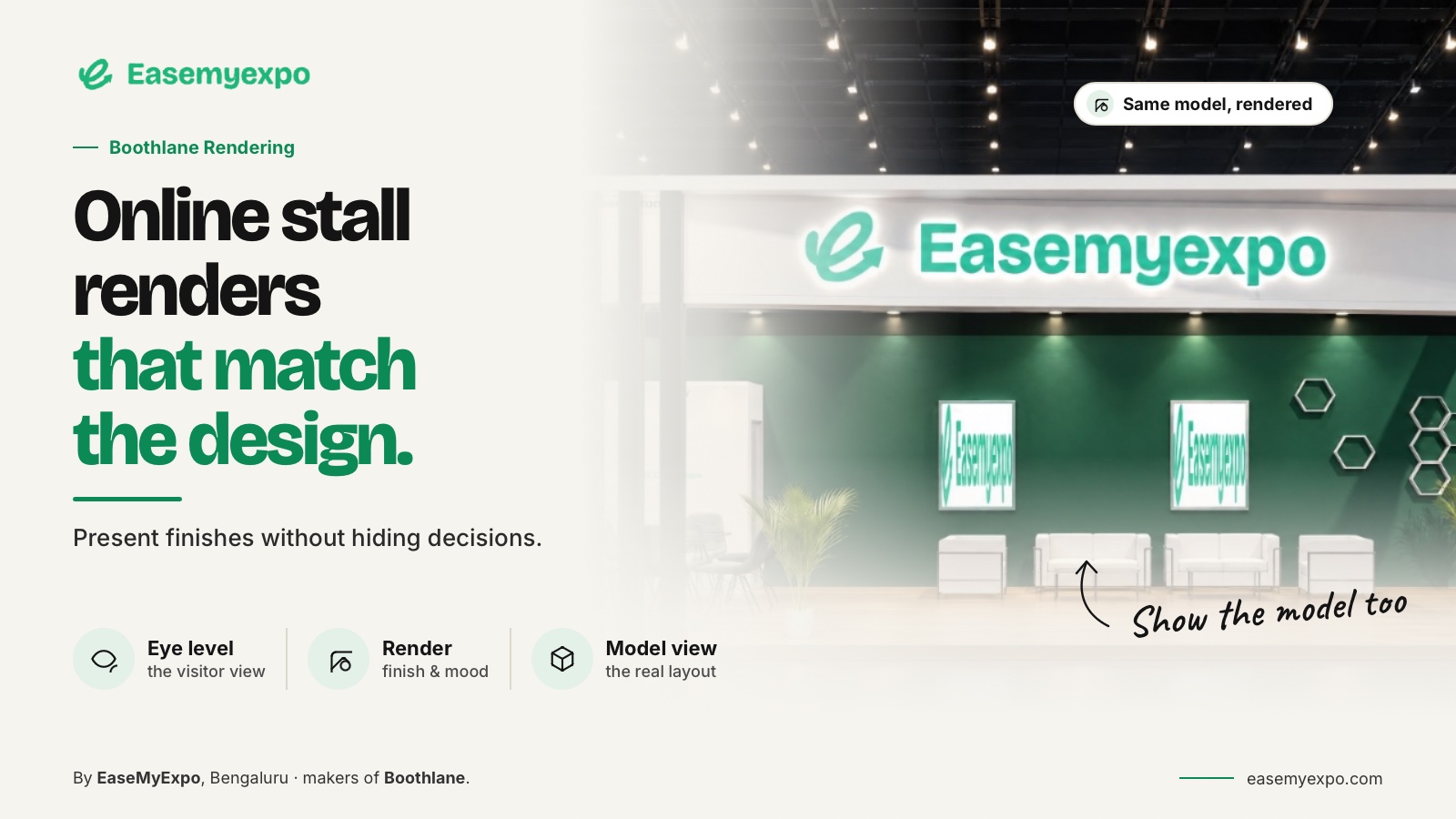 Boothlane exhibition stall render showing a branded 3D booth with eye-level, render and model-view presentation options.