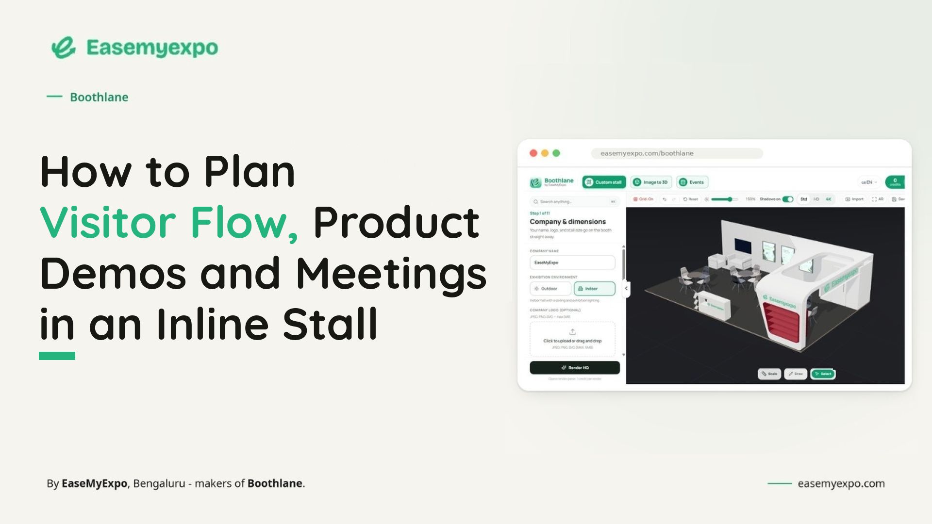 Featured image for the blog How to Plan Visitor Flow, Product Demos and Meetings in an Inline Stall, showing the Boothlane by Easemyexpo dashboard with a 3D inline stall design.
