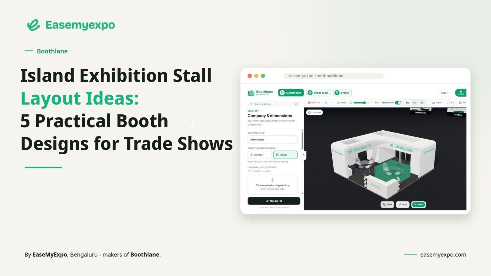 Featured image for the blog Island Exhibition Stall Layout Ideas: 5 Practical Booth Designs for Trade Shows, showing the Boothlane dashboard with a 3D island stall design.