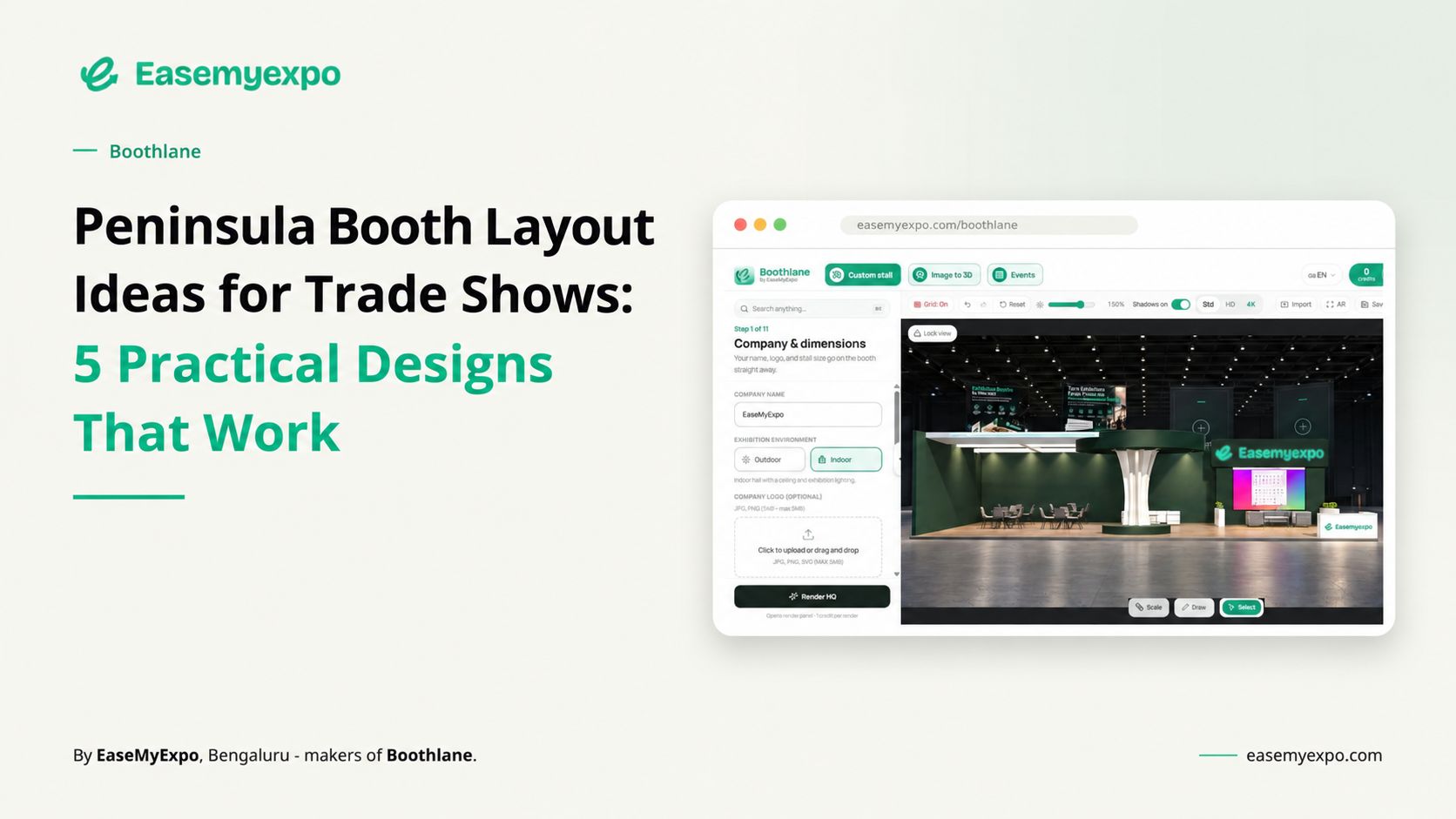 Boothlane blog featured image: Peninsula Booth Layout Ideas for Trade Shows - 5 Practical Designs That Work, with Boothlane dashboard preview