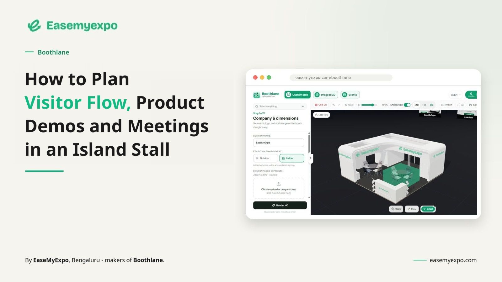 Featured image for the blog How to Plan Visitor Flow, Product Demos and Meetings in an Island Stall, showing the Boothlane dashboard with a 3D island stall.