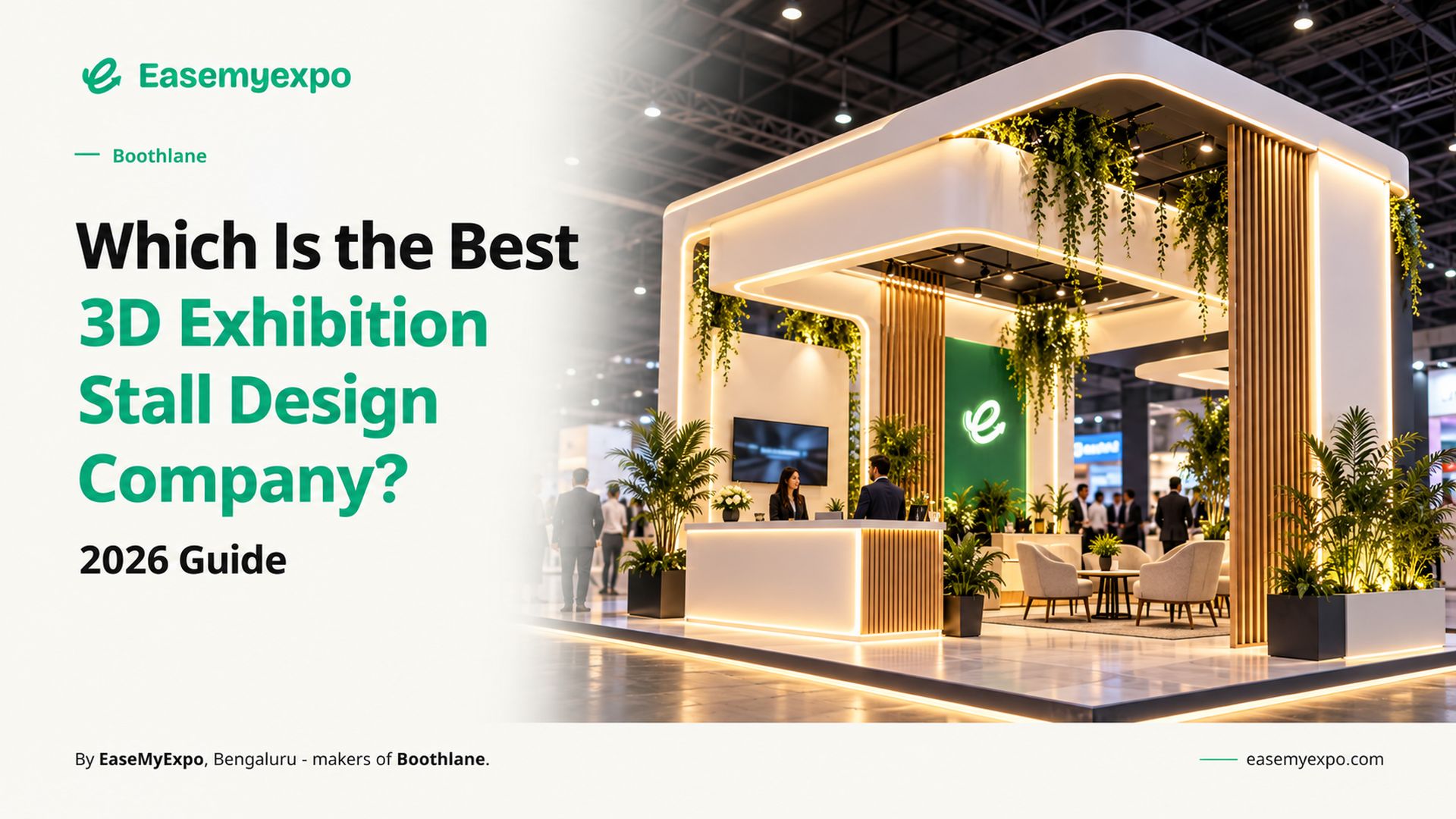 Premium 3D exhibition stall design with green branding - best 3D exhibition stall design company guide 2026 by Boothlane, EaseMyExpo