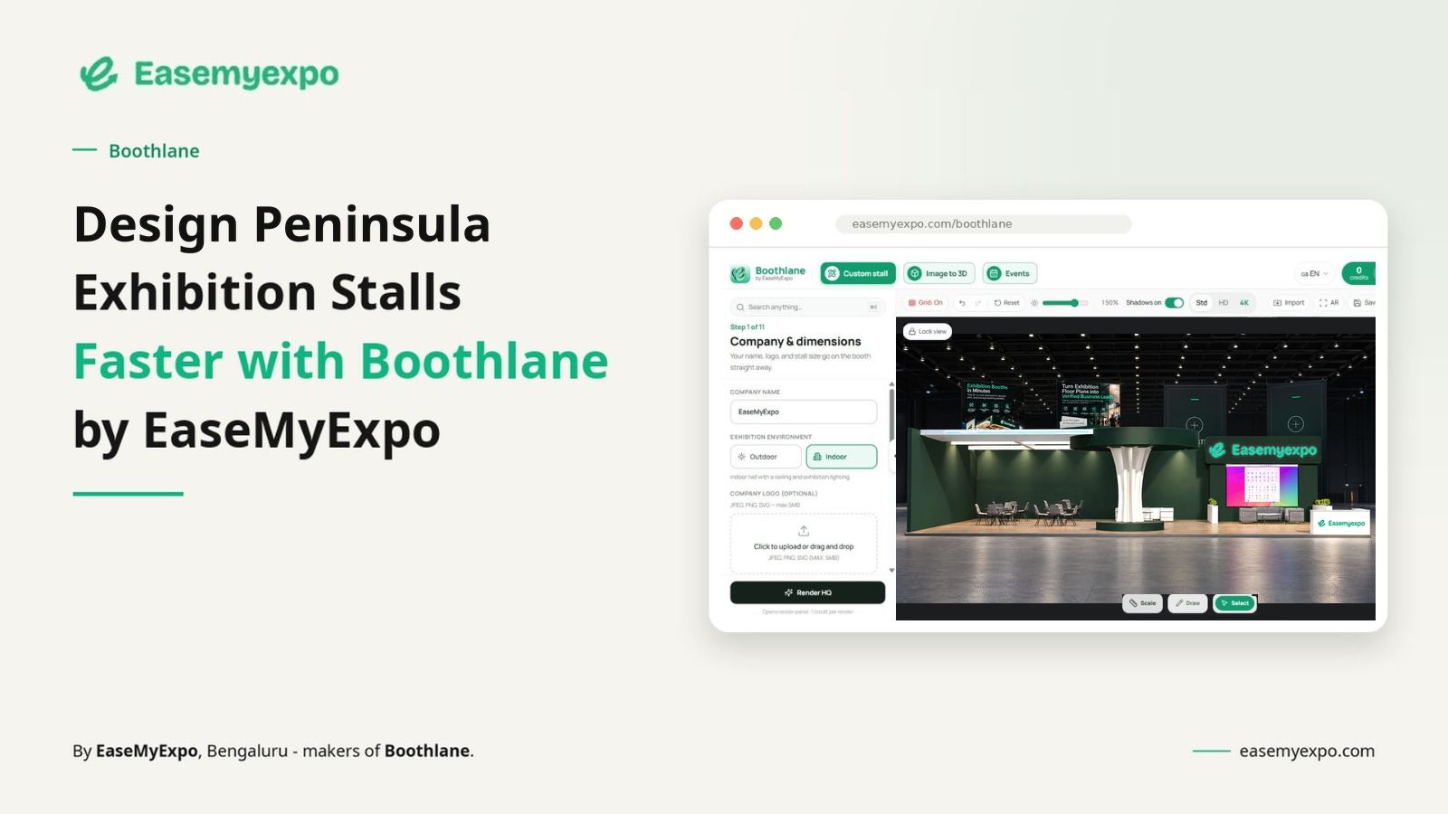 Featured image titled Design Peninsula Exhibition Stalls Faster with Boothlane by EaseMyExpo, with the supplied green stall render inside the dashboard.